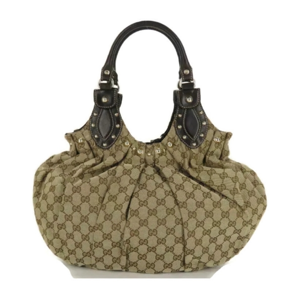 Gucci Handbags - 💯 AUTH GUCCI GG CANVAS LEATHER STUDED GATHER BAG
